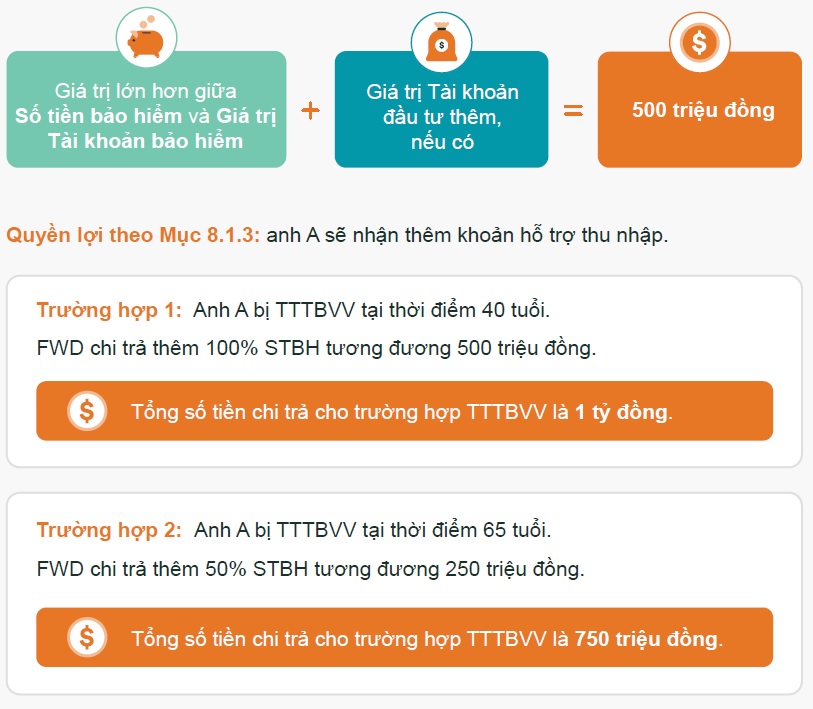 Minh họa quyền lợi TTTBVV hoặc tử vong và quyền lợi hỗ trợ thu nhập
